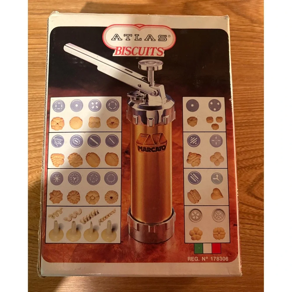 Original Marcato Atlas Biscuits Cookie Press In Box 20 Discs & 4 Tips
